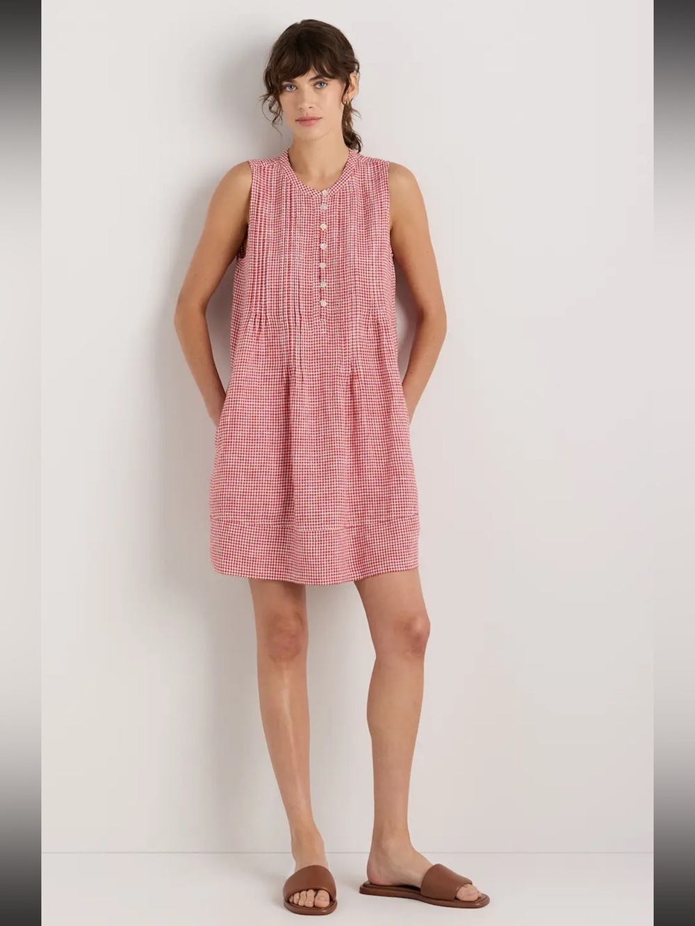 NWT Quince 100 European Linen Red Gingham Sleeveless Swing Dress SZ M